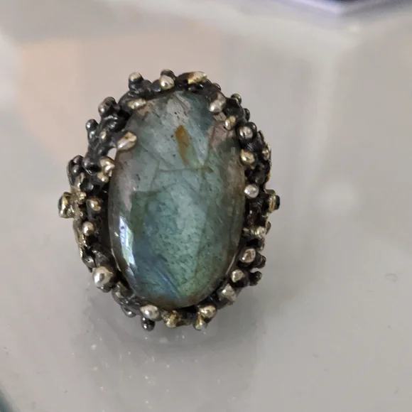 Artisan ring, size 7, silver platted, stone Labradorite, size apx. 3x2 cm - Picture 5 of 9
